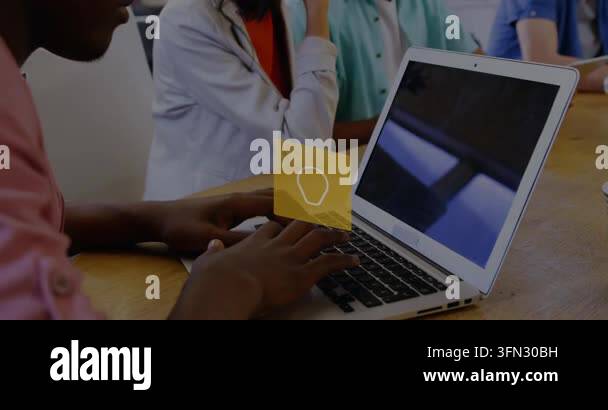 Animation of tech icons over african american man using laptop ...
