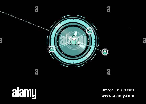 Animation of network of connections with icons over clock. Global ...