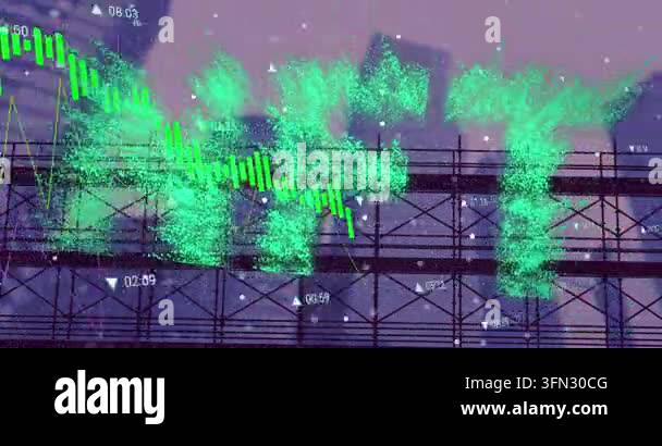 Animation of green nft text banner and data processing against tall ...