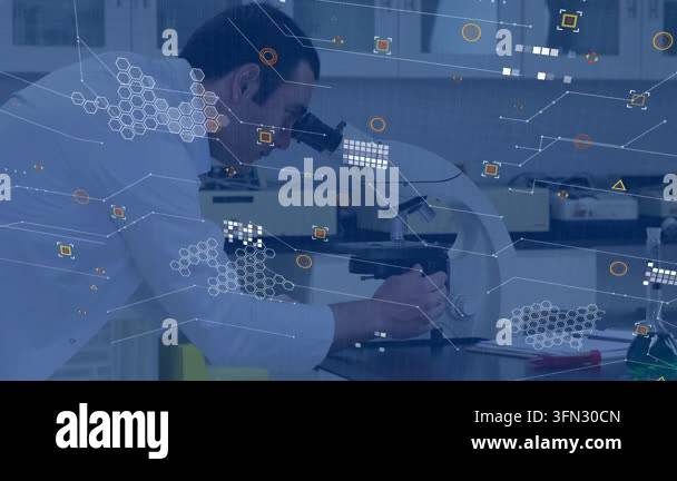 Animation of data processing over caucasian male scientist with ...