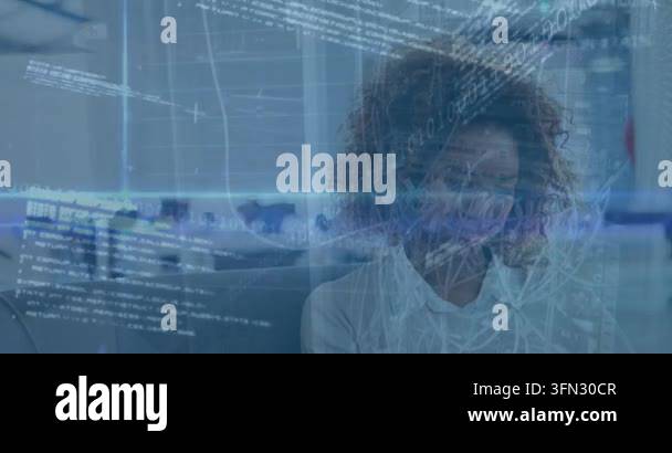 Animation of data processing over businesswoman in office. Global ...