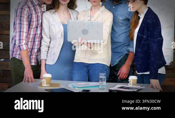 Animation of connected dots and qr code over woman briefing project to ...