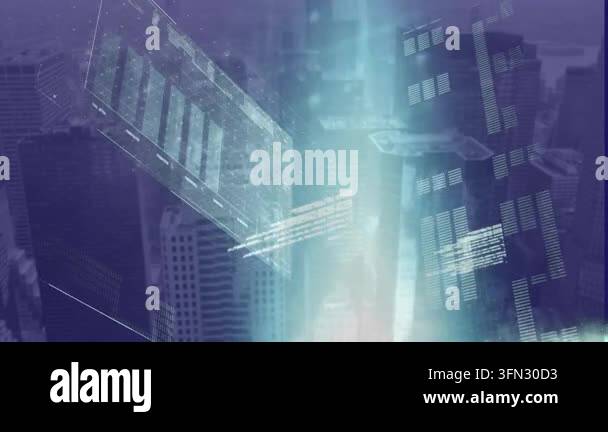 Animation of data processing and light trails over cityscape. Global ...
