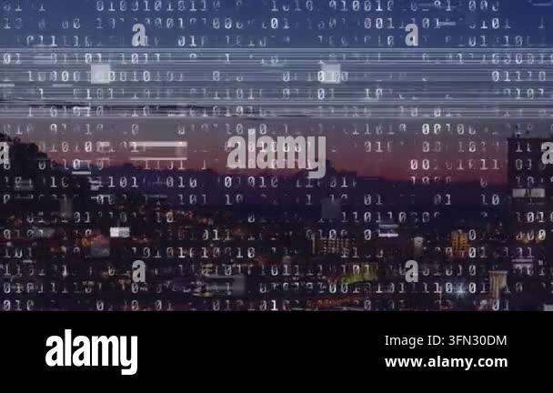Animation of data processing over cityscape. global business and ...