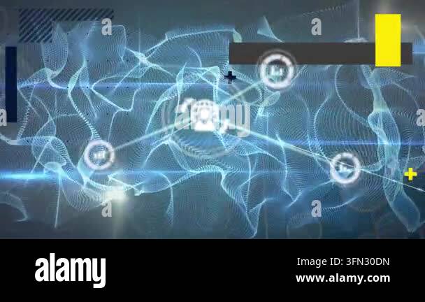 Animation of network of connections with icons and data processing over ...
