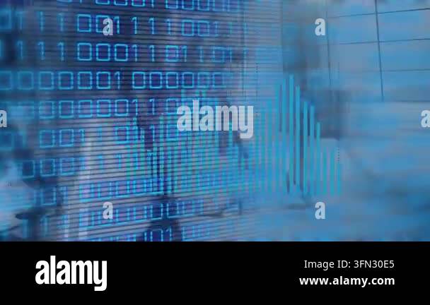 Animation of data processing over business people walking. Global ...