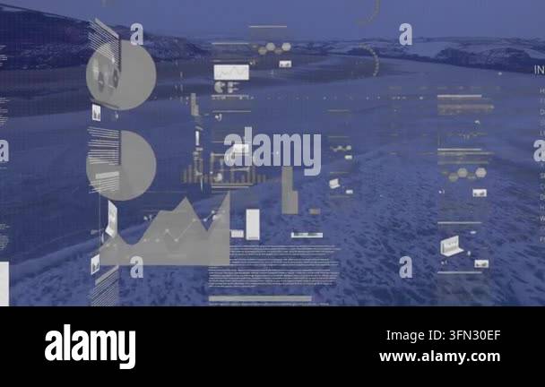 Animation of data processing over sea. Global business and digital ...