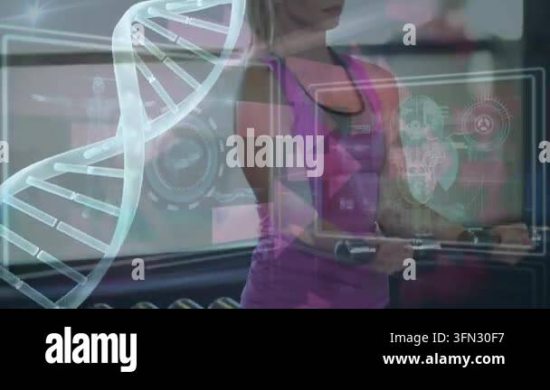 Animation of medical data processing over fit caucasian women. global ...