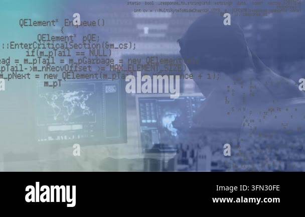 Masked man monitoring IT rack scrolling code overlay growing and ...