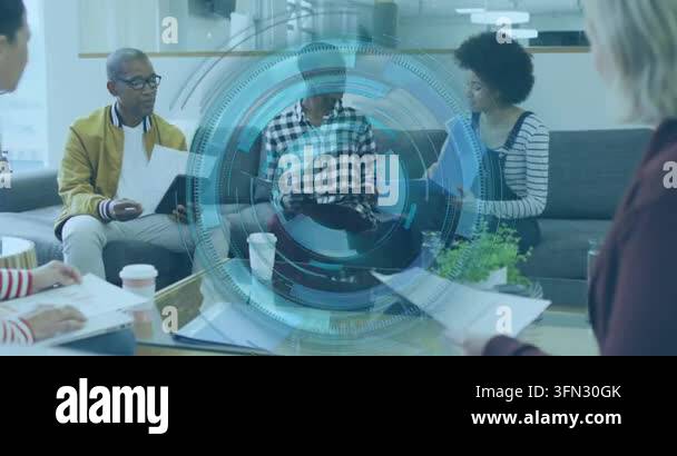 Animation of scope scanning over diverse business people in office ...