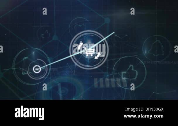 Animation of network of connections over media icons. Global business ...