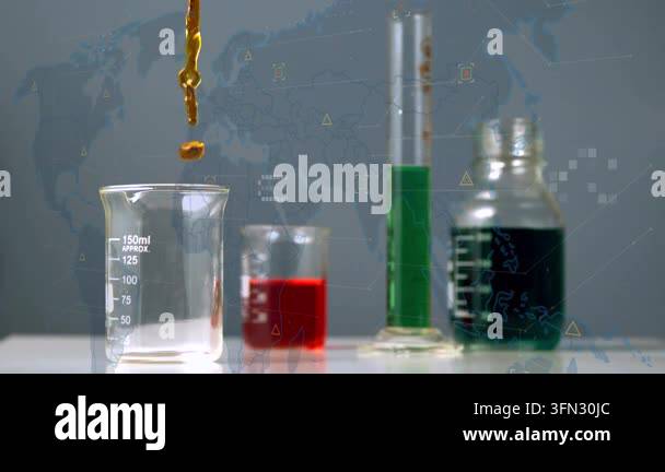 Animation of world map with data processing over beakers with liquid ...