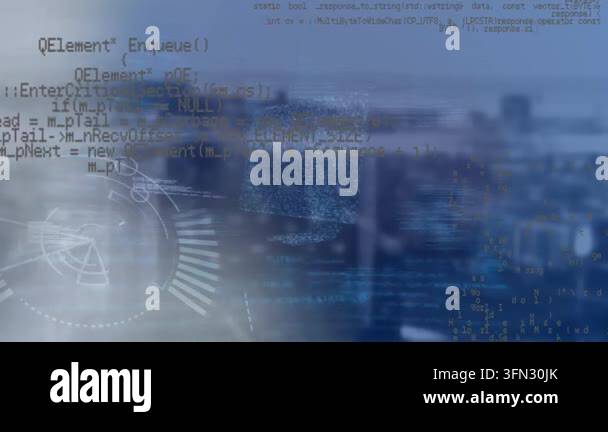 Animation of data processing over mid section of person typing on ...