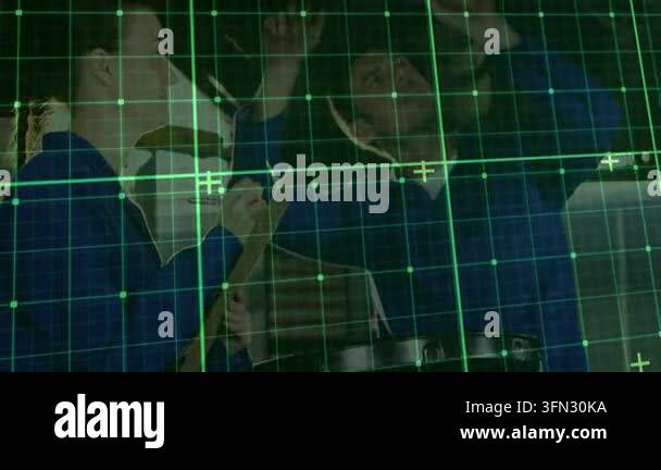 Female colleague writing on notepad after male gesturing, green grid ...
