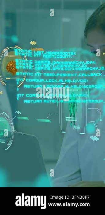 Vertical video: Lab scientist gazing at laptop starting AR brain scan ...