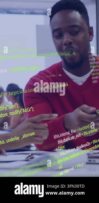 Vertical video: Man in red top handing pen, pointing at docs for tech ...