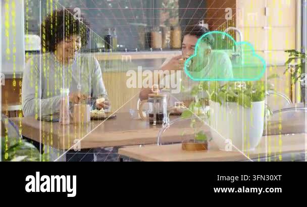 Two men eating at table as overlay appearing around them, cloud icons ...