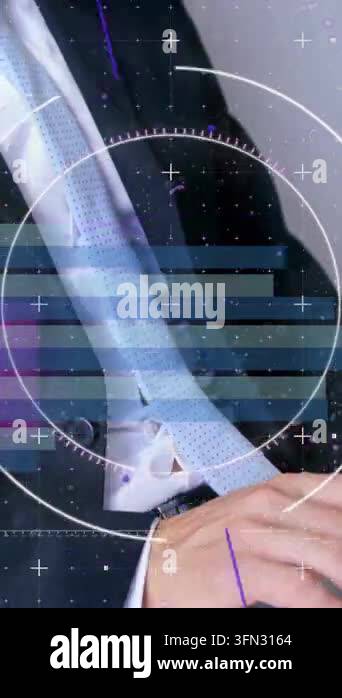 Vertical video: Male exec leaning as camera pulling back, HUD circling ...