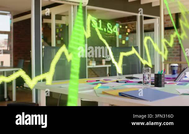 Live data driving neon green graph sweeping across business meeting ...