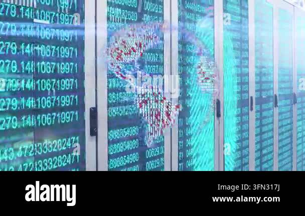 Server racks filling view streaming data and causing globe growing ...