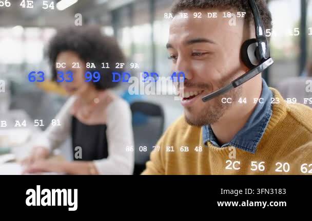 Incoming call ringing, headset man listening then speaking while ...