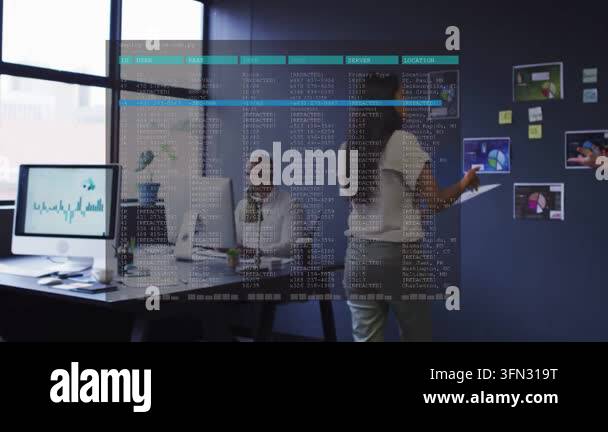 Woman handing folder sparking data overlay while team moving charts ...