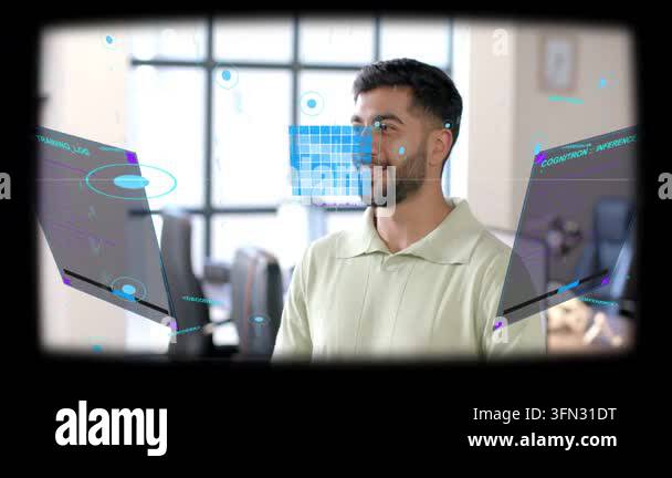 Man watching AR panels appearing in tech office, following blue cube ...