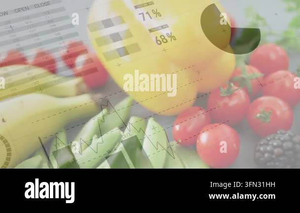 Data layer activating, charts sliding and growing over assorted produce ...