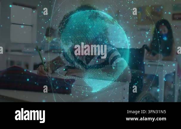 Front pupil writing in classroom for learning starting teal globe ...