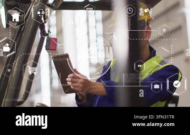 Forklift operator tapping tablet on controls, summoning HUD icons ...
