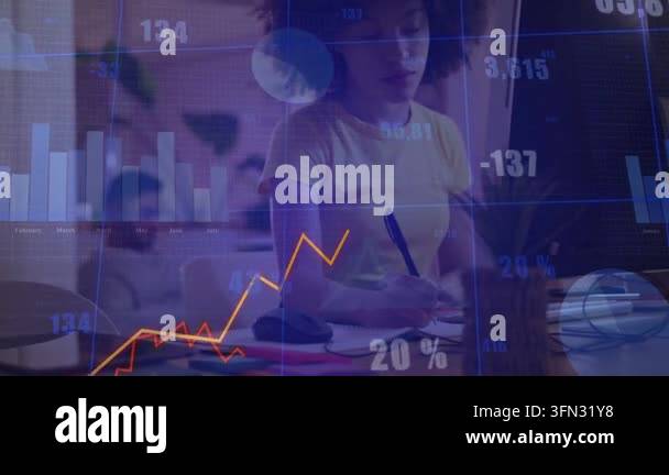 Animated data overlays appearing, female worker pausing, glancing and ...