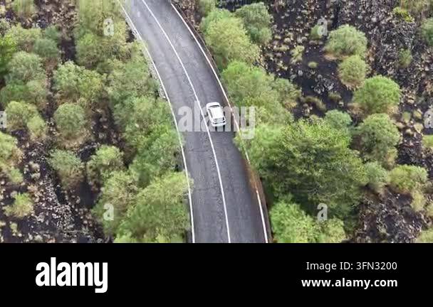 Aerial view of white car driving along winding road surrounded by lush ...