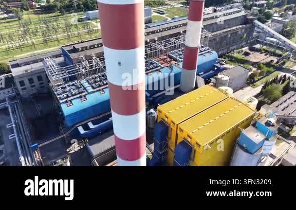 Aerial view of an industrial plant showcasing a series of large pipes ...