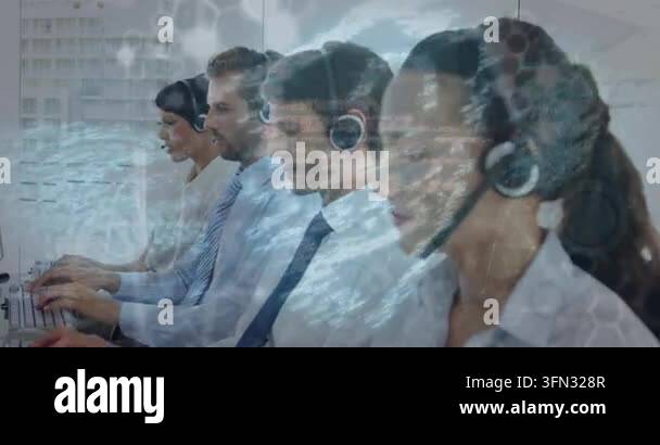 Call center employees work in the office. Global business connections ...