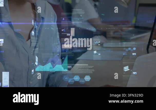 Animation of data processing over diverse business people in office ...