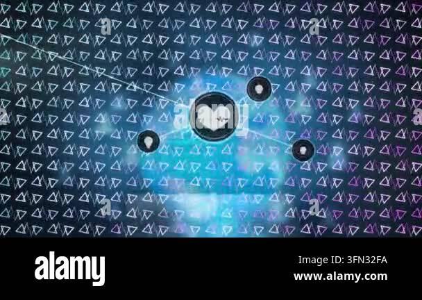 Animation of network of digital icons and abstract shapes pattern over ...