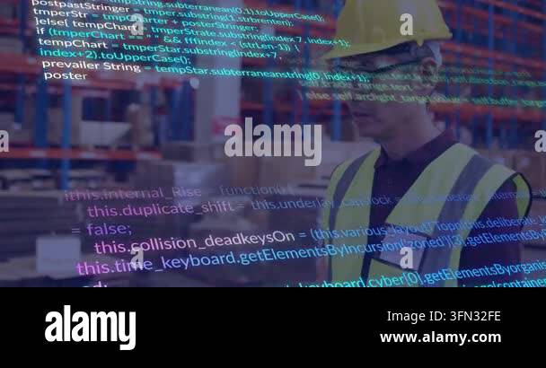 Warehouse worker scanning steel racks while mapping code overlay onto ...