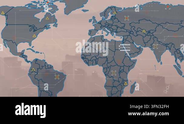 A digital animation of data processing taking place over a world map ...