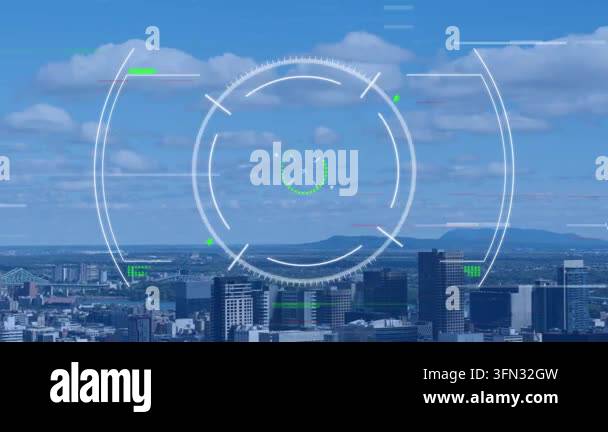 Animation of scope and data processing over cityscape. Global business ...