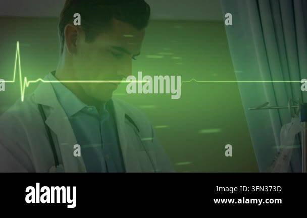 Male doctor over mid section of woman using computer against medical ...