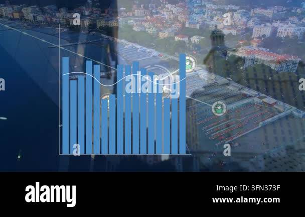 Animation of data processing over cityscape. Global business and ...