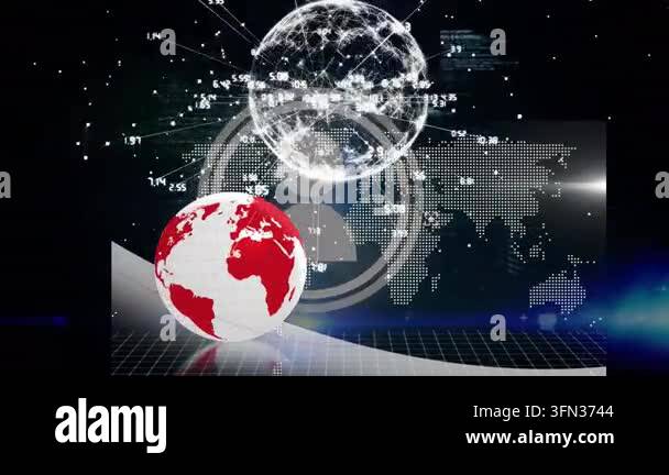 Animation of data processing over globe on dark background. Global ...
