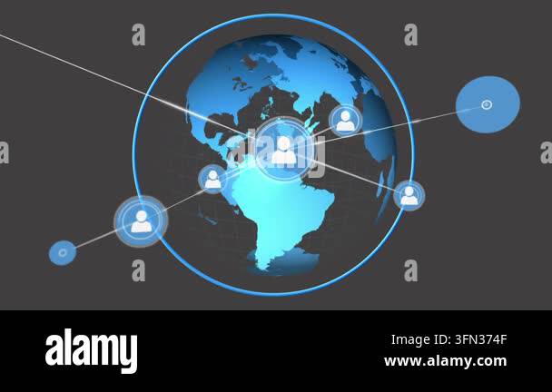 Animation of network of connections with icons over globe and grid ...