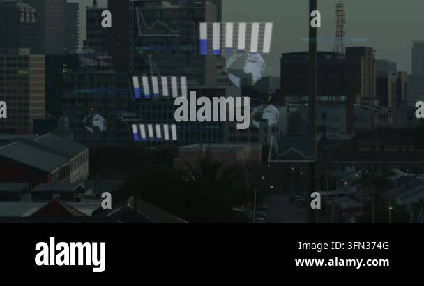 Animation of data processing against aerial view of cityscape. Computer ...