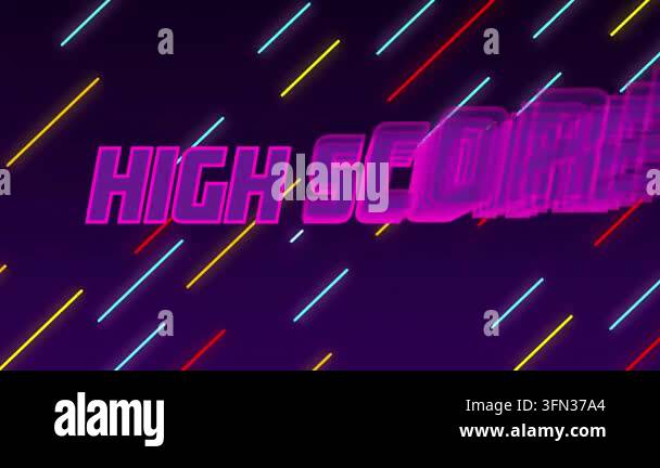 Animation of high score text in purple over colourful diagonal neon ...