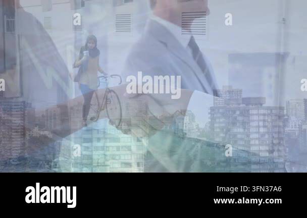 Animation of diverse business people and data processing over cityscape ...