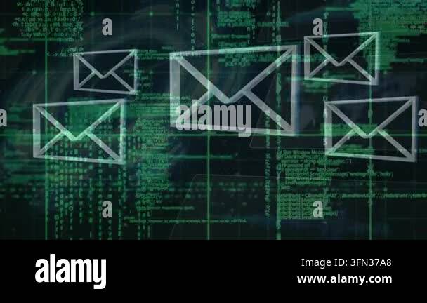 Animation of digital data processing over grid and email envelopes ...