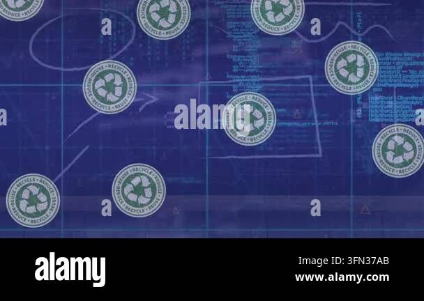 Animation of recycling icons over data processing. Global business and ...