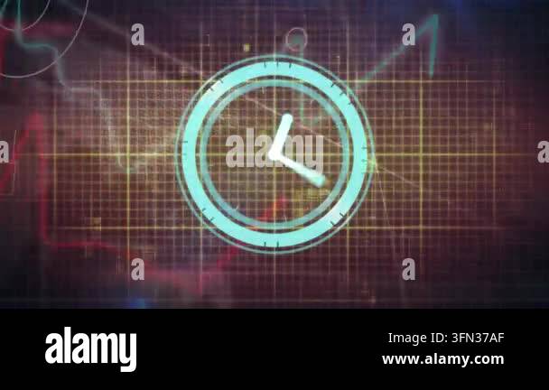 Animation of neon ticking clock over light sparkles and data processing ...