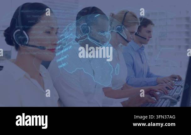 Animation of data processing and globe over diverse business people ...